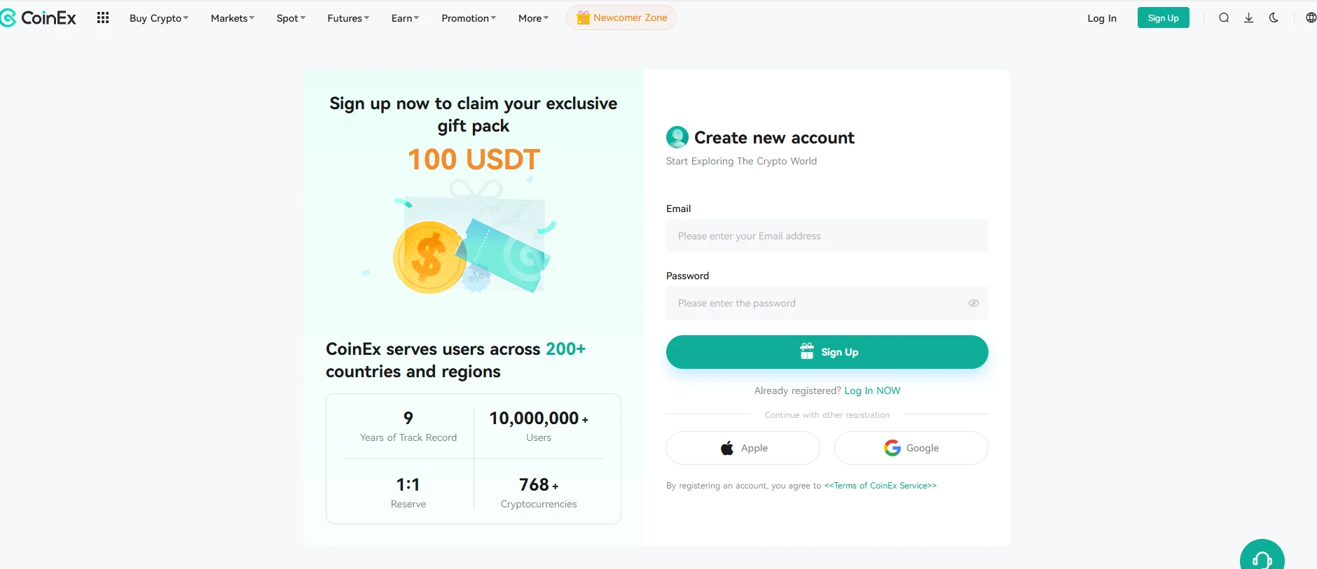CoinEx crypto exchange sign-up homepage