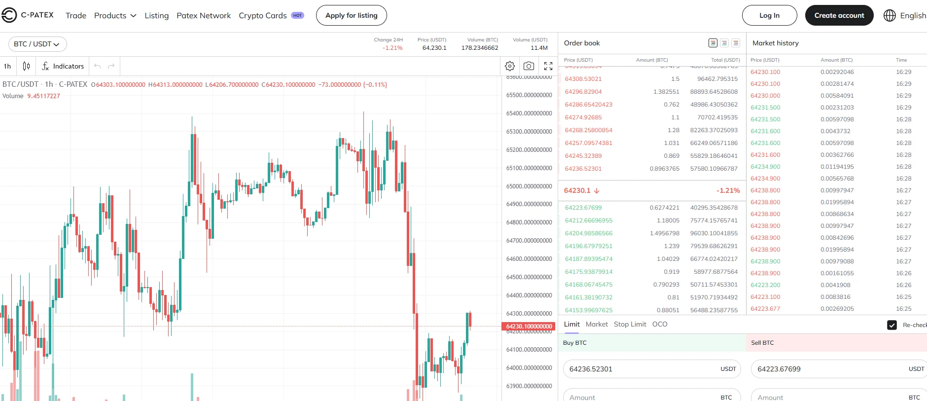 C-Patex crypto exchange trading interface