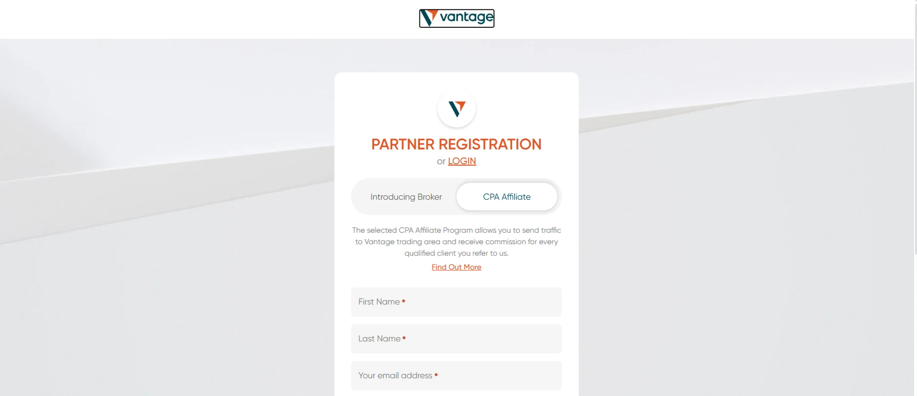 Vantage partner registration page